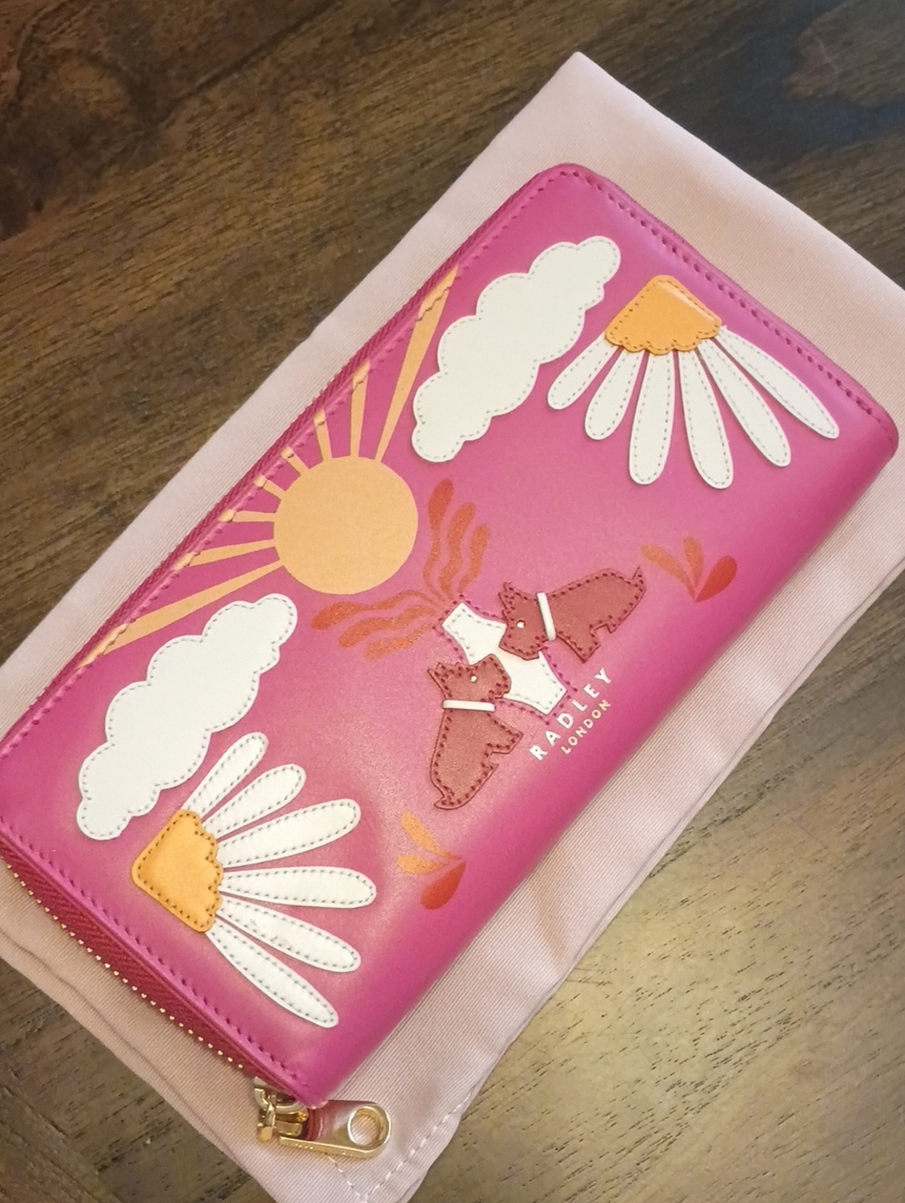 Radley London zip wallet rising sun dogs pink floral